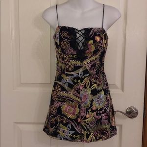 Guess Black Floral Lace-Up Cami Dress with Pink Yellow and Green Accents